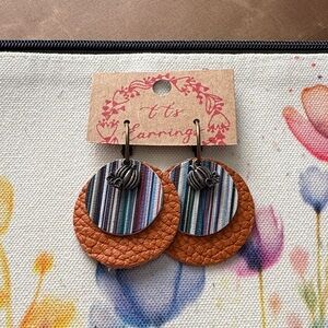 Striped and Brown Leather Earrings